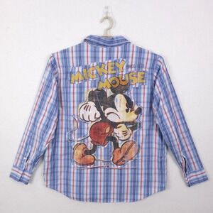 Disney Store Mickey Mouse Shirt Men L Blue Plaid Western Snap Graphic Western
